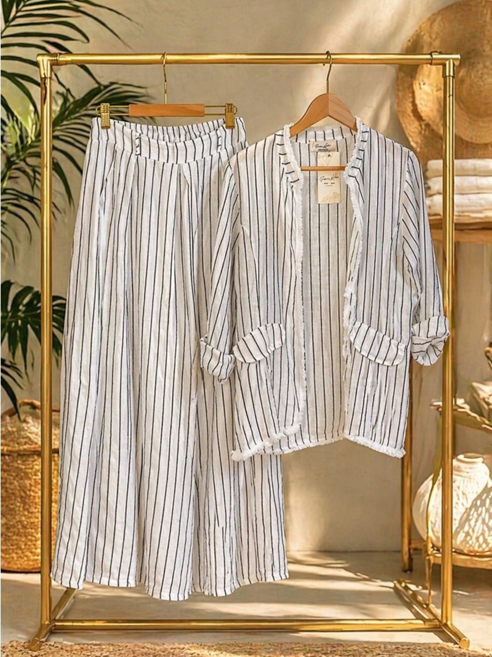 Italian Linen 2 Piece White Pinstripe Cardigan and Wide Leg Pants Set OS